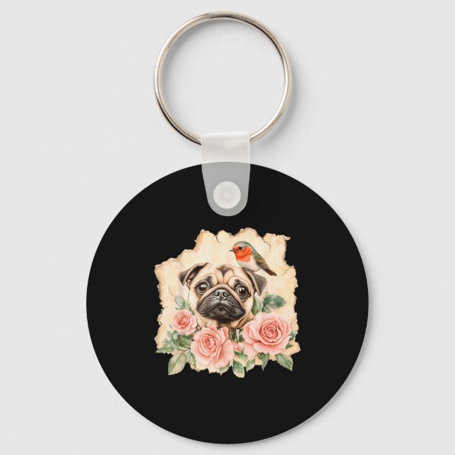 Pug bird cute dog funny pug  key ring (Front)