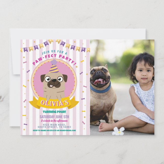 Pug Birthday Doggy Party Dog Confetti Photo Invitation (Front)