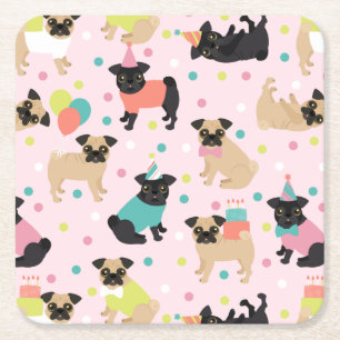 Pug Birthday Party Celebration Square Paper Coaster