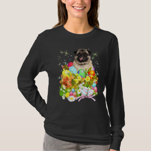 Pug Bunny Dog With Easter Eggs Basket Cool T-Shirt