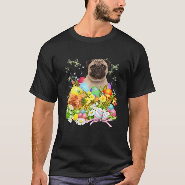 Pug Bunny Dog With Easter Eggs Basket Cool T-Shirt (Front)