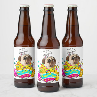 Pug Bunny Ears Eggs Easter Day Cute Dog Lover Beer Bottle Label