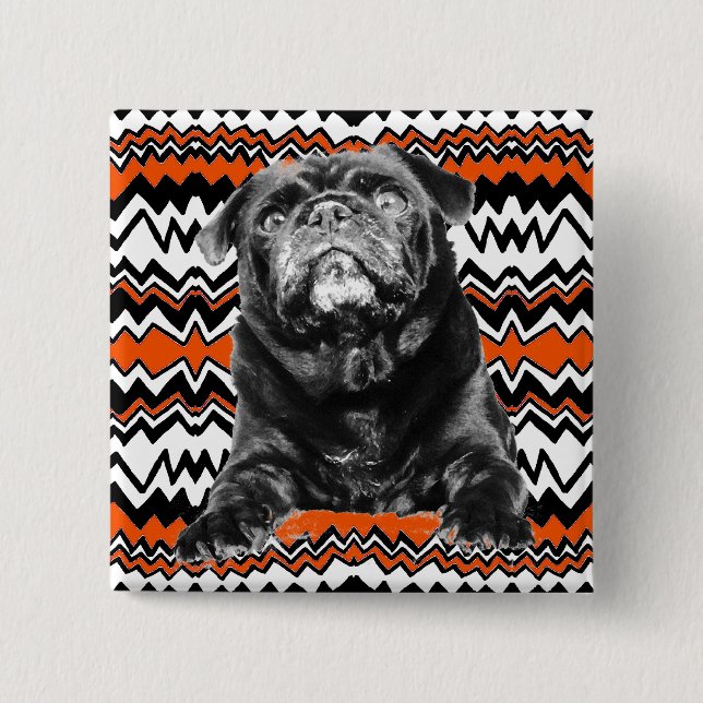 PUG BUTTON Orange, Black & White RAD ZAG (Front)
