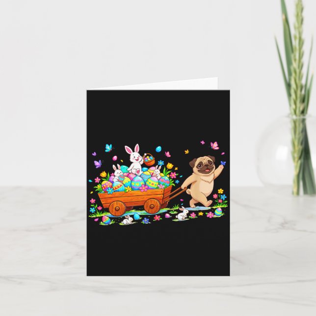 Pug Carrying Bunnies Easter Chocolate Eggs Card (Front)
