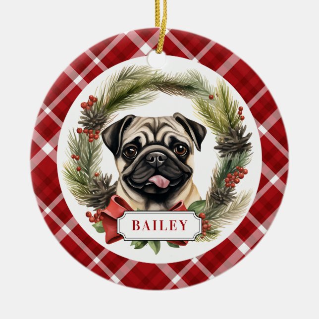 Pug Ceramic Circle Ornament (Front)