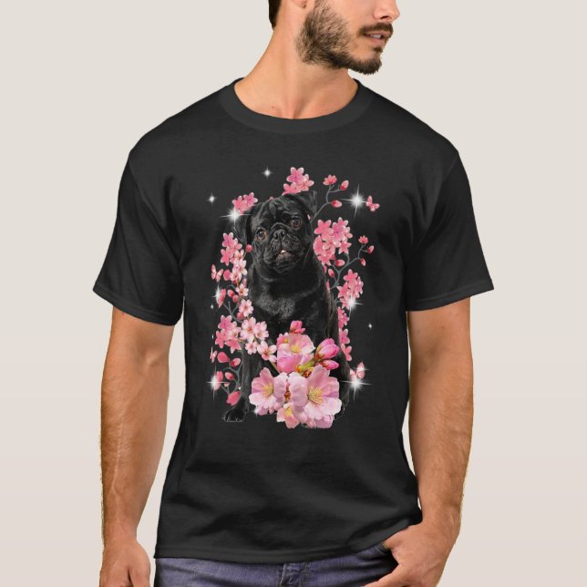 Pug Cherry Blossom Flowers T-Shirt (Front)