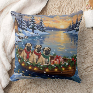 Pug Christmas Boat Holiday Cushion