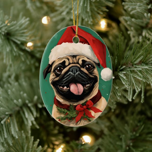 Pug Christmas brush painting artwork Ceramic Tree Decoration (Tree)