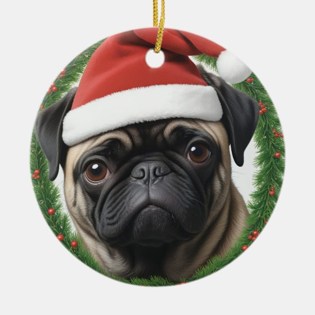 Pug Christmas Ceramic Tree Decoration (Front)