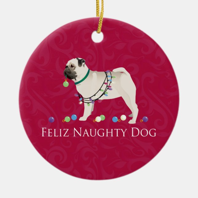 Pug Christmas Design Ceramic Tree Decoration (Front)
