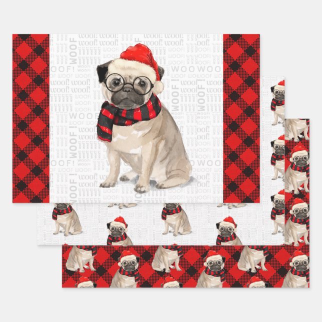 Pug Christmas Dog on Red and Black Plaid Wrapping  Paper Sheet (Set)