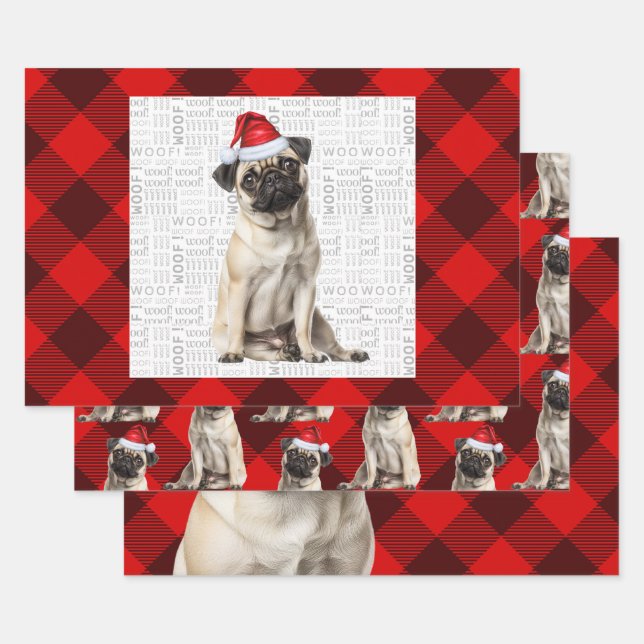 Pug Christmas Dog Red Buffalo Plaid Wrapping Paper Sheet (Set)