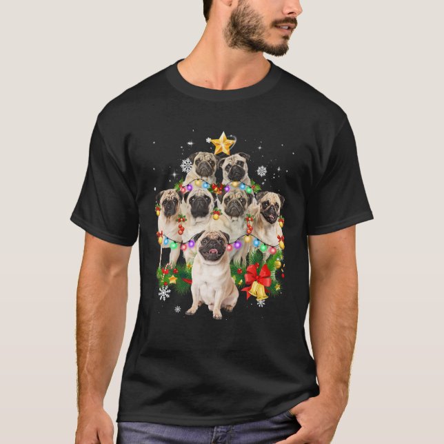 Pug Christmas Dog Tree Lights Pyjamas Family T-Shirt (Front)