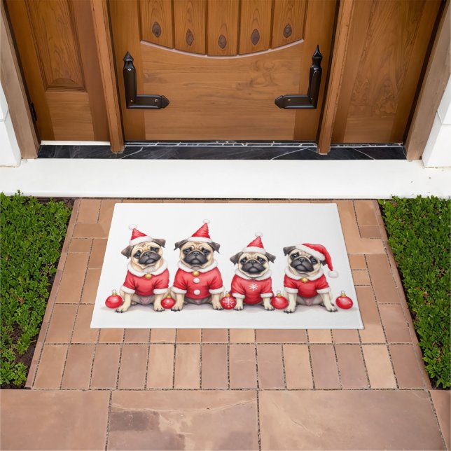 Pug Christmas Dress Santa Hat Doormat (Outdoor)