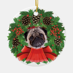 Pug Christmas Holiday Wreath Ceramic Tree Decoration