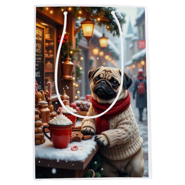 Pug Christmas Hot Chocolate Art Medium Gift Bag (Front)
