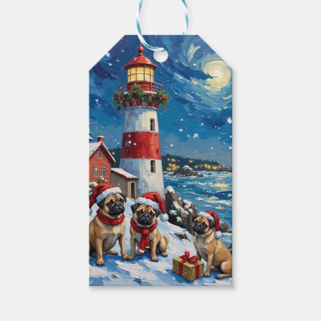 Pug Christmas Lighthouse Holiday Gift Tags (Front)