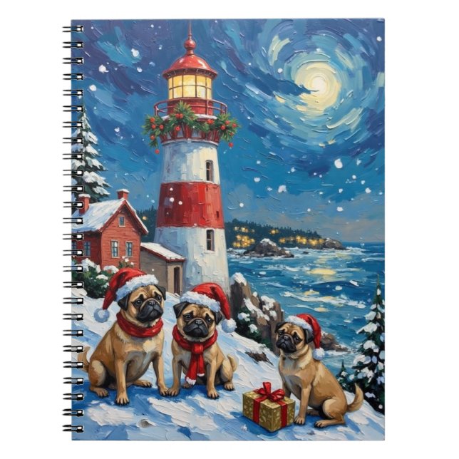 Pug Christmas Lighthouse Holiday Notebook (Front)