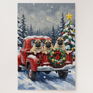 Pug Christmas Red Truck Holiday Jigsaw Puzzle