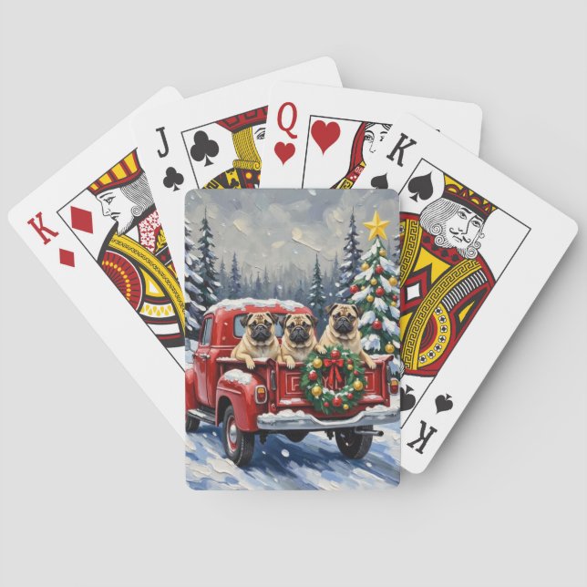 Pug Christmas Red Truck Holiday Playing Cards (Back)