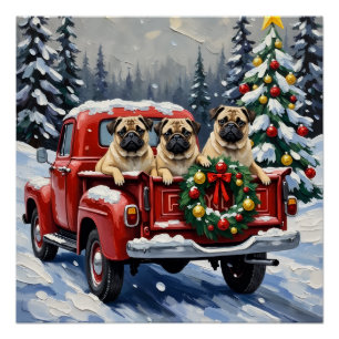 Pug Christmas Red Truck Holiday Poster