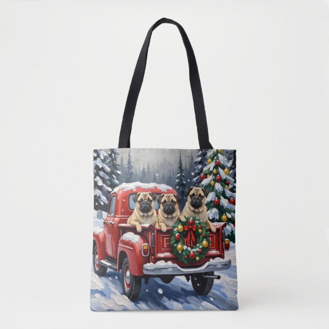 Pug Christmas Red Truck Holiday Tote Bag (Front)