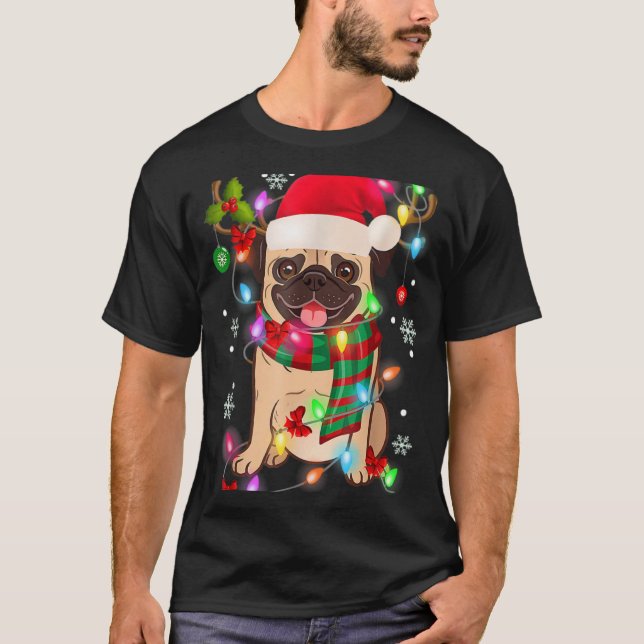 Pug Christmas Tree Lights Santa Dog Xmas Boys Pugm T-Shirt (Front)