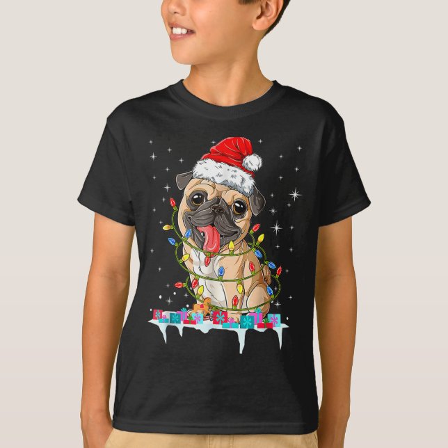 Pug Christmas Tree Lights Santa Dog Xmas  T-Shirt (Front)