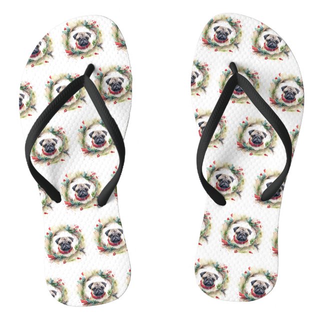 Pug Christmas Wreath Festive Pup  Jandals (Footbed)