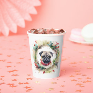 Pug Christmas Wreath Festive Pup  Paper Cups