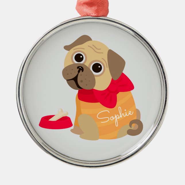 Pug cute dog personalised name metal tree decoration (Front)