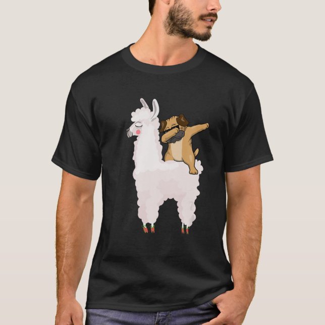 Pug Dabbing Rides Llama Cute Animals T Shirt (Front)