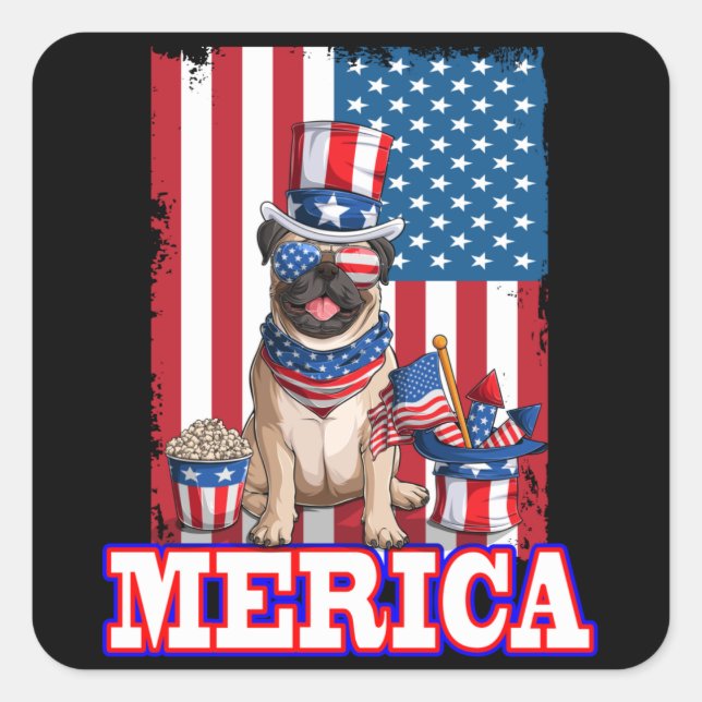 Pug Dad Mum 4th Of July American Flag Merica Square Sticker (Front)