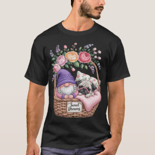 Pug Dad Sleeping In Floral Shabby Chic Bedding Wit T-Shirt