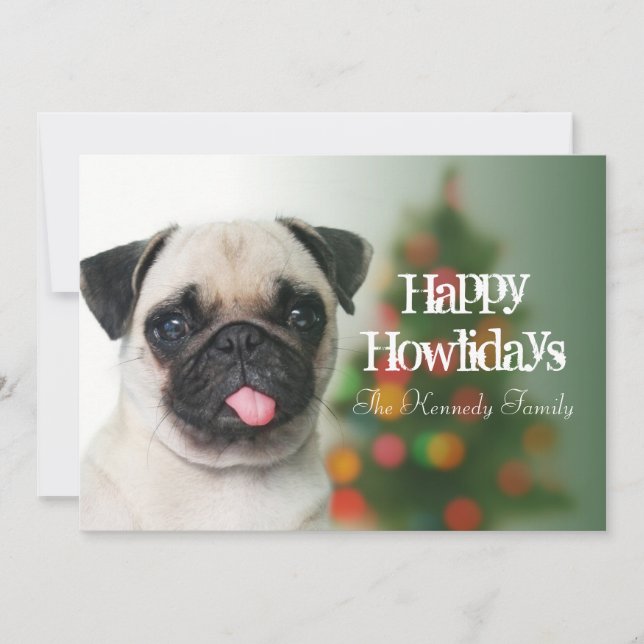 Pug dog against Christmas tree with bokeh Holiday Card (Front)