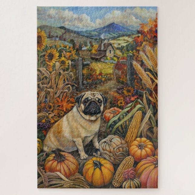 Pug Dog Autumn Harvest Thanksgiving Jigsaw Puzzle (Vertical)