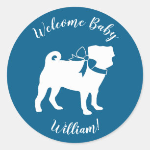 Pug Dog Baby Shower Boy Blue with Bow Classic Round Sticker