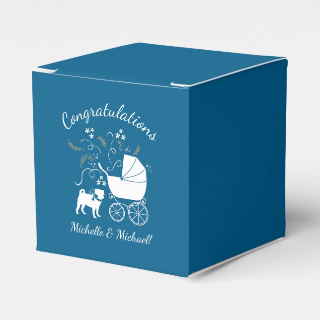Pug Dog Baby Shower Boy Blue with Bow Favour Box (Front Side)