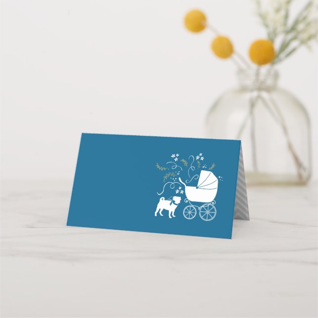 Pug Dog Baby Shower Boy Blue with Bow Place Card (Front)