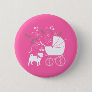 Pug Dog Baby Shower Girl Pink with Bow 6 Cm Round Badge