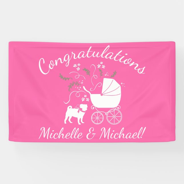 Pug Dog Baby Shower Girl Pink with Bow Banner (Horizontal)