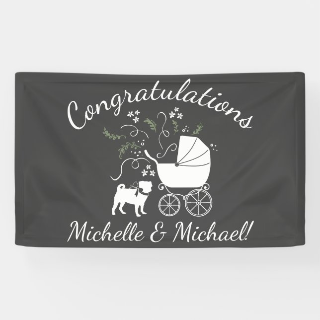 Pug Dog Baby Shower Grey Puppy Gender Neutral Banner (Horizontal)