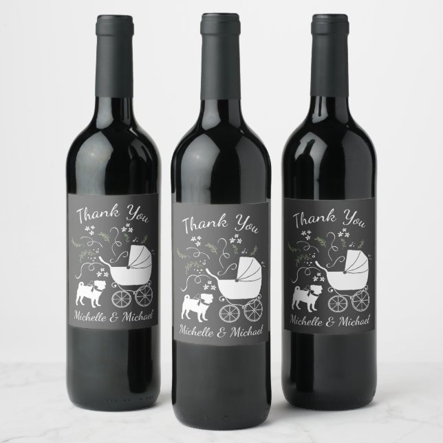 Pug Dog Baby Shower Grey Puppy Gender Neutral Wine Label (Bottles)