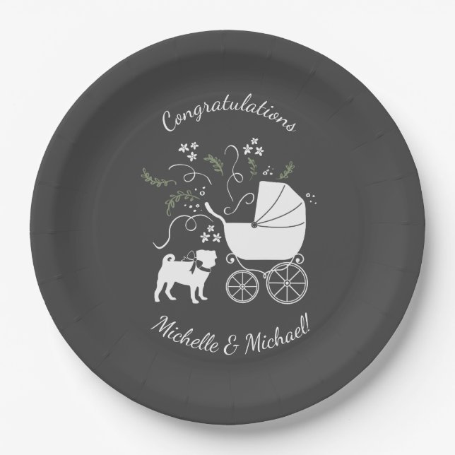 Pug Dog Baby Shower Theme Puppy Gender Neutral Paper Plate (Front)