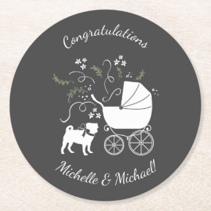 Pug Dog Baby Shower Theme Puppy Gender Neutral Round Paper Coaster