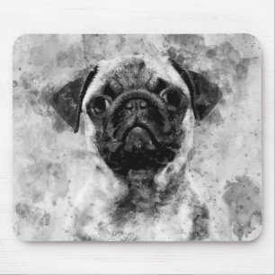 Pug Dog Black and White Watercolor 01 Mouse Pad