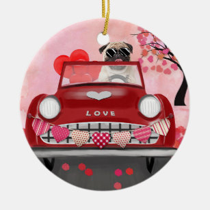 Pug Dog Car with Hearts Valentine's   Ceramic Tree Decoration