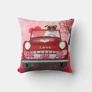 Pug Dog Car with Hearts Valentine's  Cushion