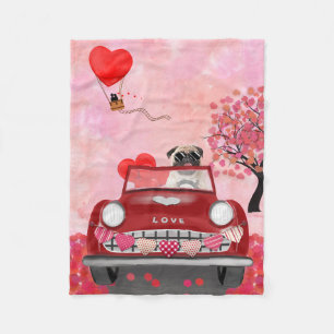 Pug Dog Car with Hearts Valentine's  Fleece Blanket