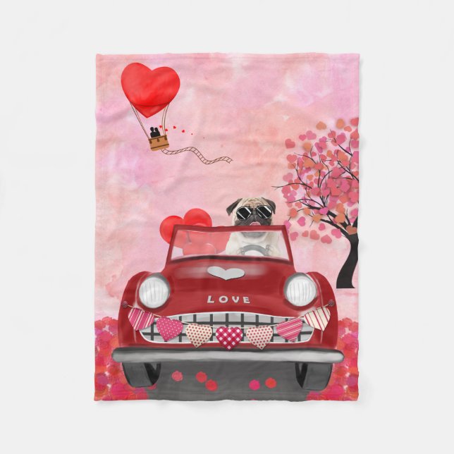 Pug Dog Car with Hearts Valentine's  Fleece Blanket (Front)